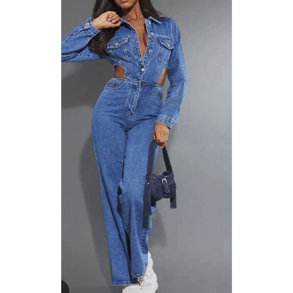 NWT Prettylittlething Cut Out Mid Wash Demin Jumpsuit Sz 8